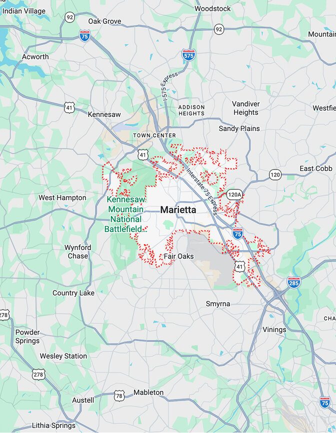 Map of the APS Waterproofing service area in North Georgia